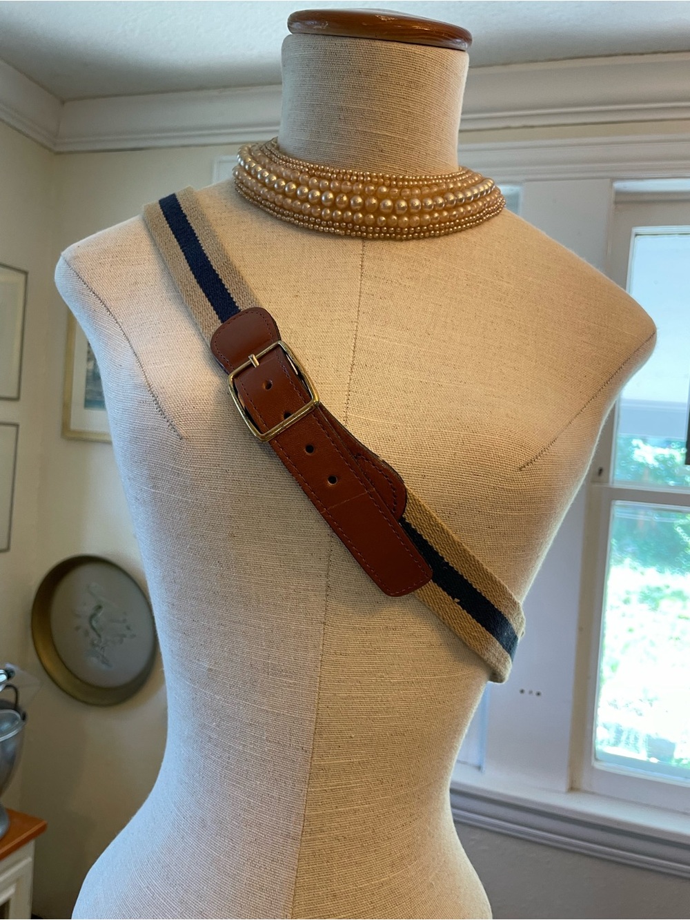 Men's Navy & Tan Striped Webbing Belt with Brown Leather Accent